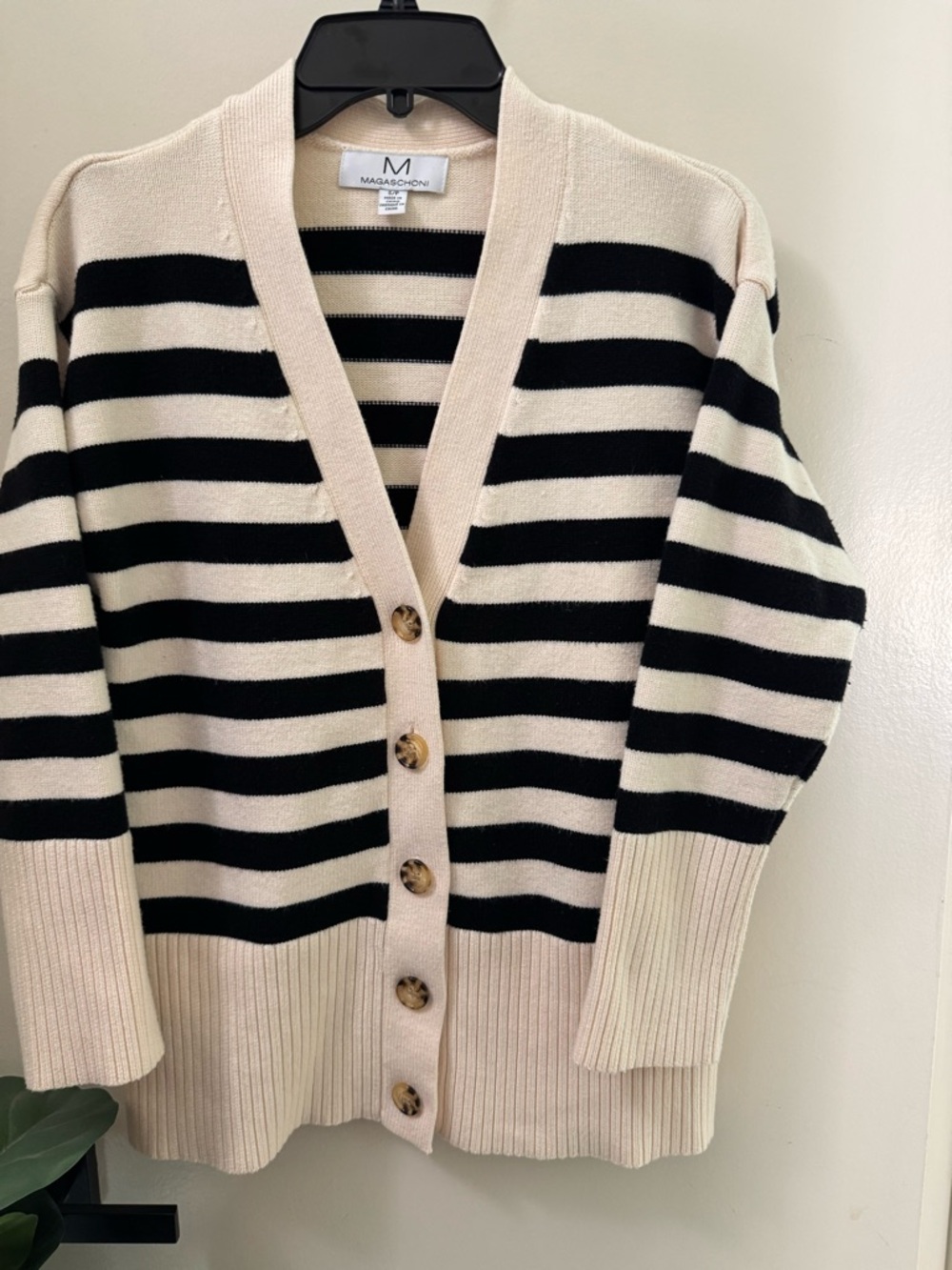 Magaschoni Black & Cream Striped V-Neck Button Cardigan